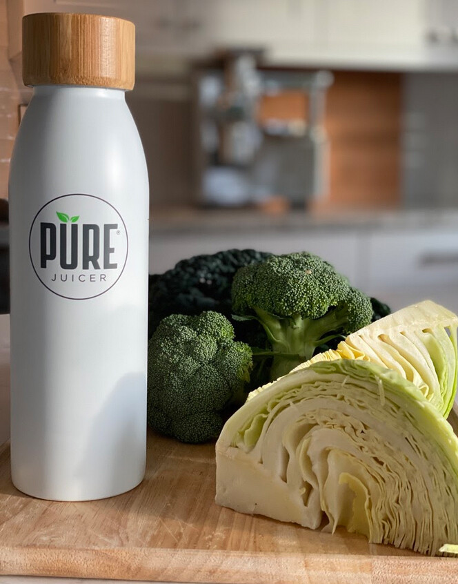 PURE water bottle, cabbage & broccoli