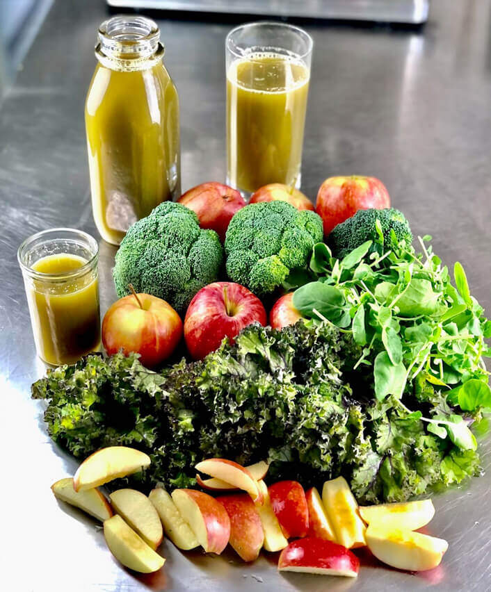 veggies, fruit, and juice