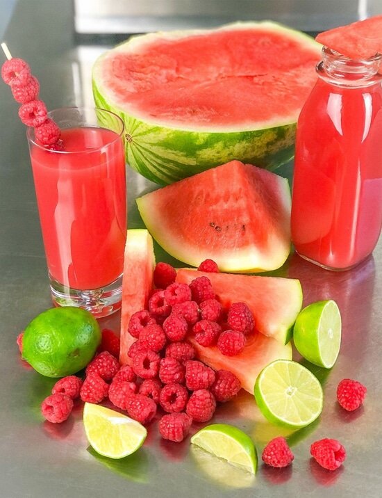 watermelon, raspberries, limes, and juice