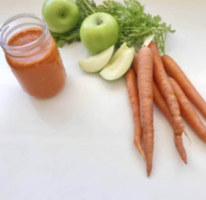 apples, carrots, and juice