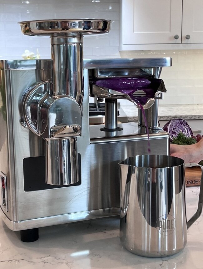 Cropped shot of Pure juicer and red cabbage