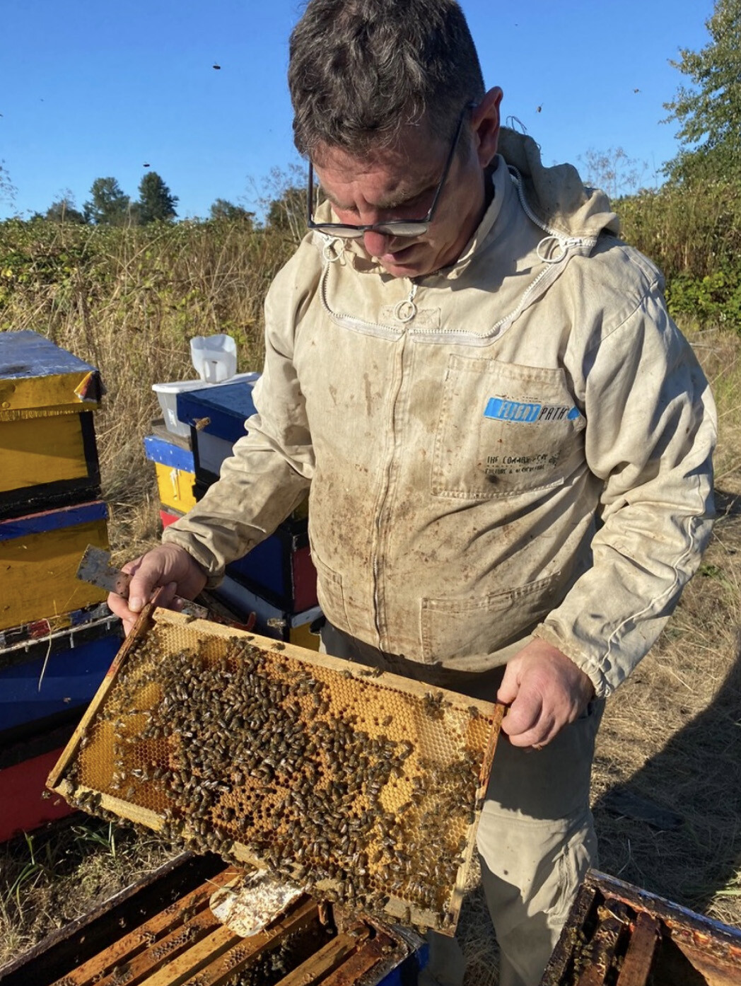 David holding bees