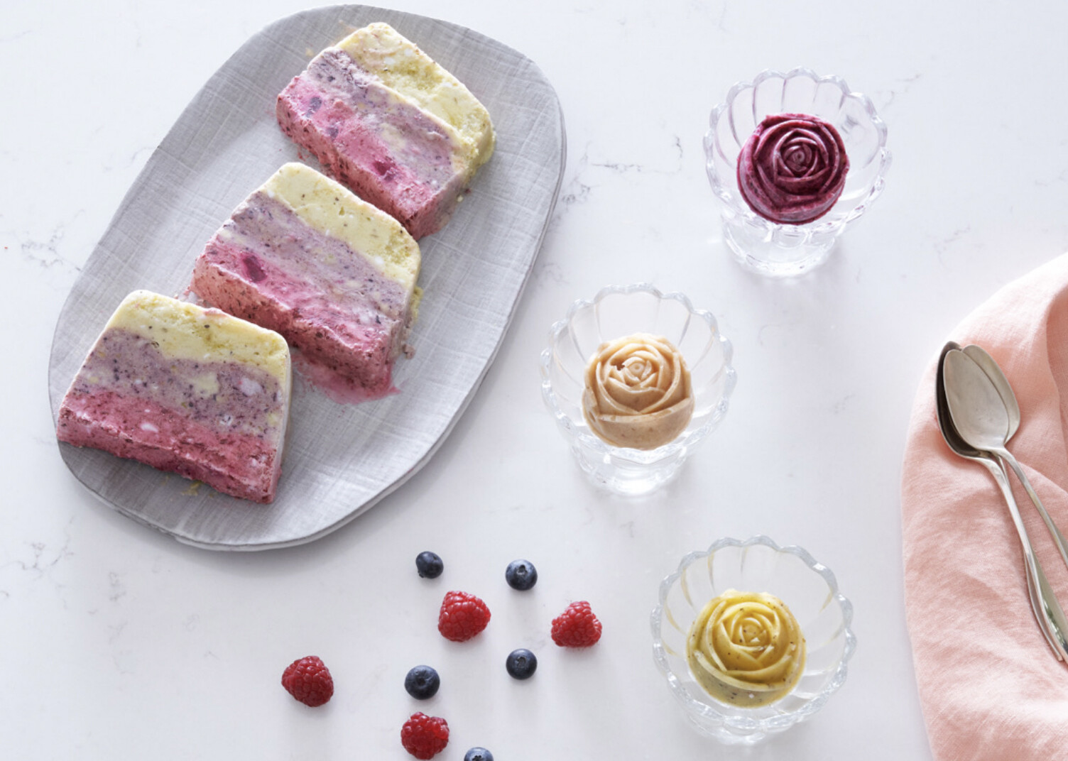 fresh fruit blended to make ice cream on a plate